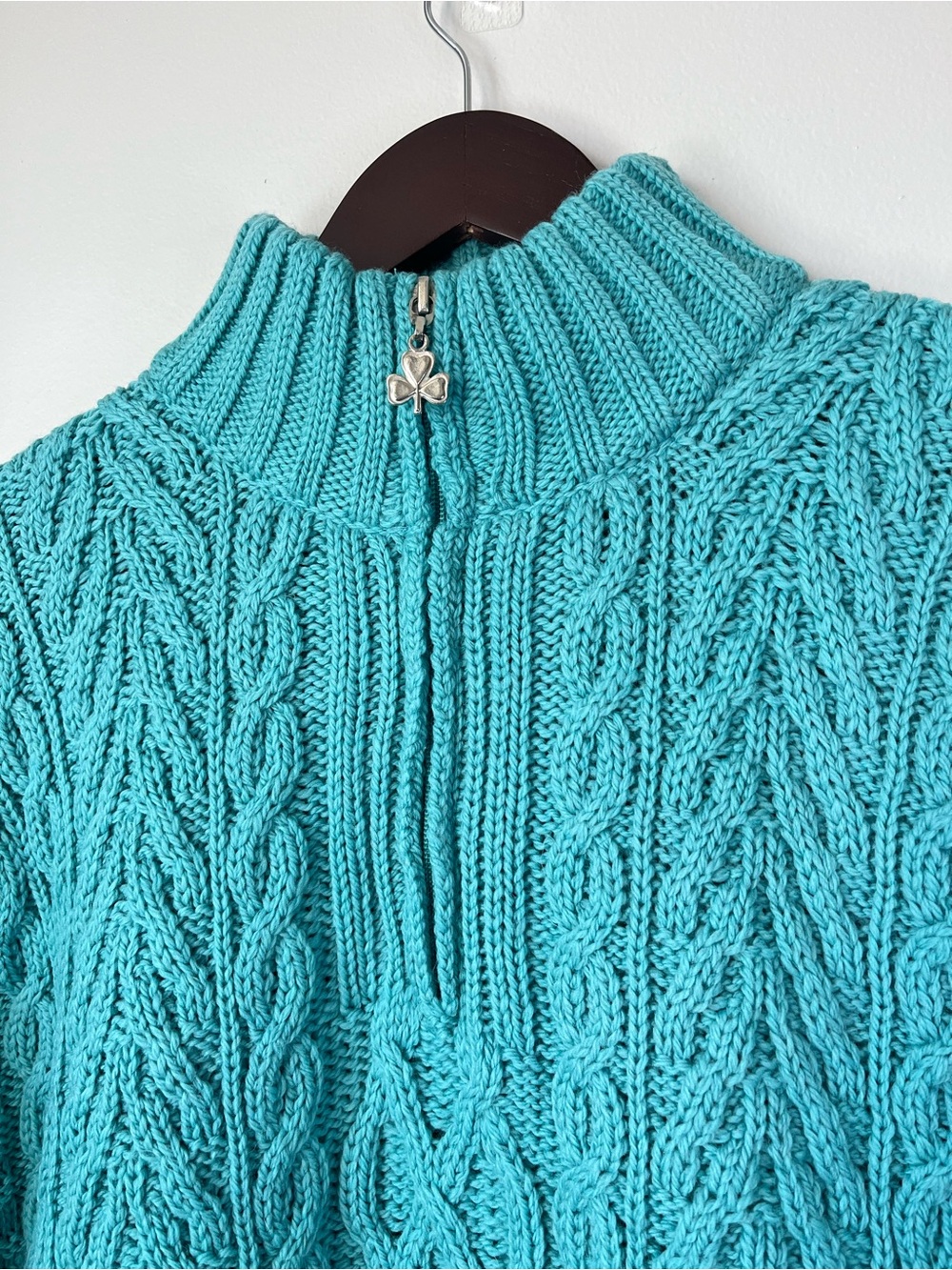 NWOT Aran Crafts Womans L Turquoise Merino Wool Cable Knit 1/4-Zip Sweater- FLAW - Picture 5 of 15